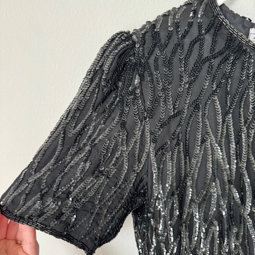 Vintage Stenay Black Sequin Dress Size 4 Shoulder Pads 100% Silk Beaded 1980s - Picture 4 of 14